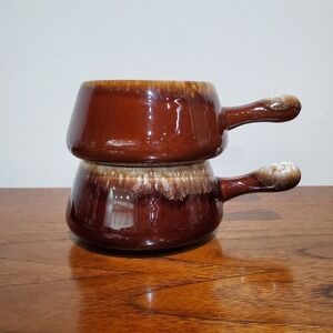 2 McCoy 7054 brown drip handled Onion/Chili/Soup Bowls -Glaze Drip Pottery